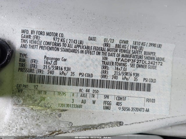 Aukcja sprzedaży 2013 Ford Focus Se, vin: 1FADP3F27DL242172, numer aukcji: 45205376