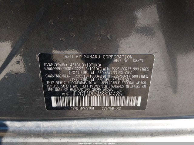 2021 Subaru Crosstrek Premium მანქანა იყიდება აუქციონზე, vin: JF2GTAPC5M8394485, აუქციონის ნომერი: 45205387