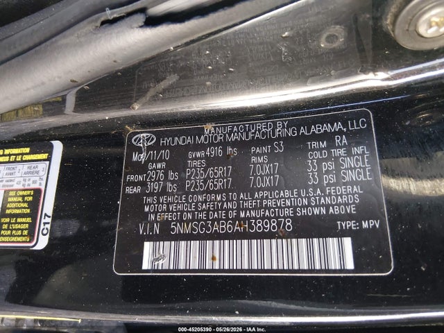 Aukcja sprzedaży 2010 Hyundai Santa Fe Gls, vin: 5NMSG3AB6AH389878, numer aukcji: 45205390