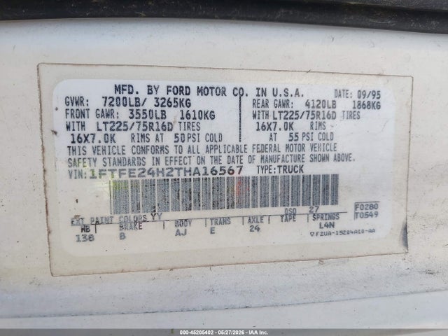 1996 Ford Econoline E250 Van მანქანა იყიდება აუქციონზე, vin: 1FTFE24H2THA16567, აუქციონის ნომერი: 45205402