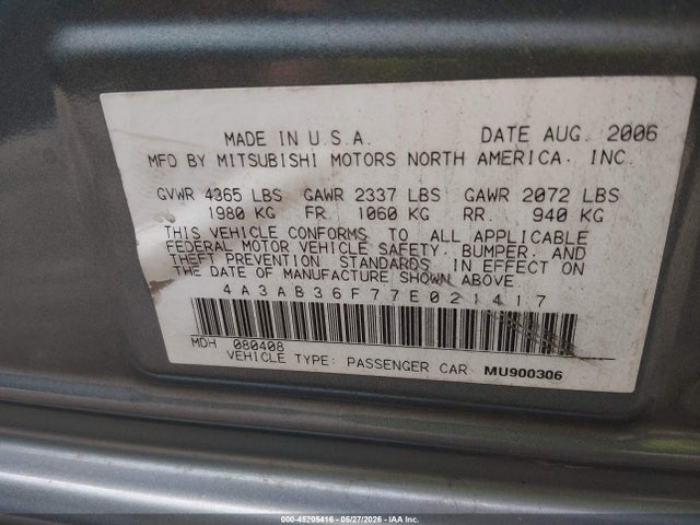 2007 Mitsubishi Galant Es/se მანქანა იყიდება აუქციონზე, vin: 4A3AB36F77E021417, აუქციონის ნომერი: 45205416