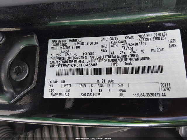 45205417 :رقم المزاد ، 1FTEW1CP5FFC45885 vin ، 2015 Ford F-150 Xlt مزاد بيع