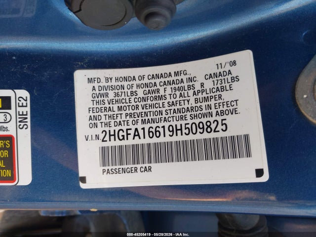 2009 Honda Civic Lx-s მანქანა იყიდება აუქციონზე, vin: 2HGFA16619H509825, აუქციონის ნომერი: 45205419