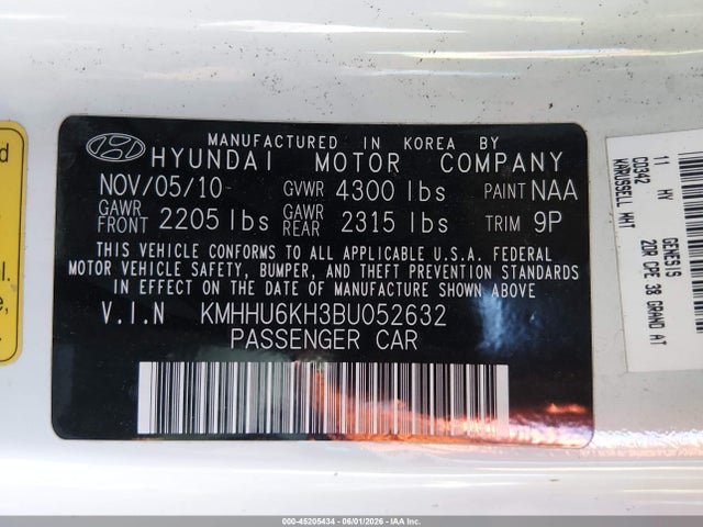 Продажа на аукционе авто 2011 Hyundai Genesis 3.8 Grand Touring, vin: KMHHU6KH3BU052632, номер лота: 45205434