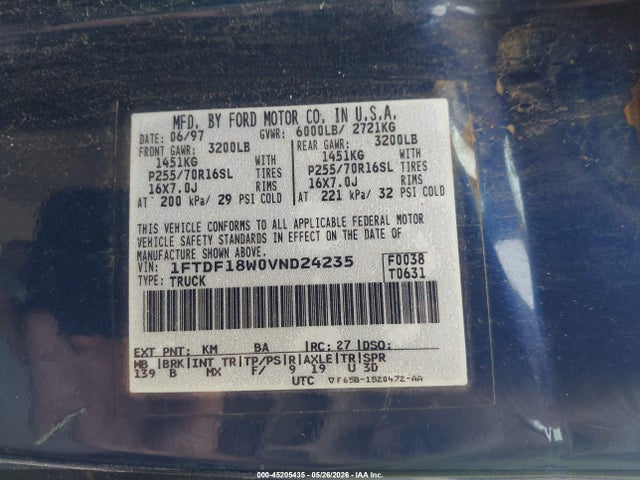 45205435 :رقم المزاد ، 1FTDF18W0VND24235 vin ، 1997 Ford F-150 Lariat/standard/xl/xlt مزاد بيع