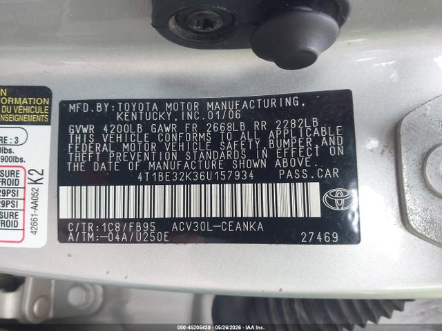 2006 Toyota Camry Le მანქანა იყიდება აუქციონზე, vin: 4T1BE32K36U157934, აუქციონის ნომერი: 45205439