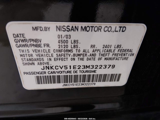 45205443 :رقم المزاد ، JNKCV51E23M322379 vin ، 2003 Infiniti G35 Luxury Leather مزاد بيع