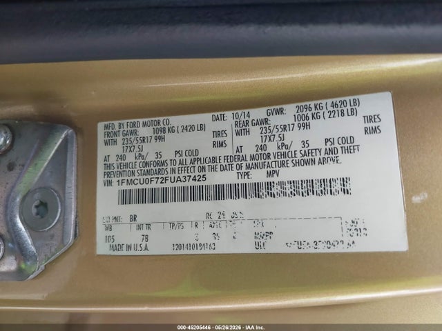 45205446 :رقم المزاد ، 1FMCU0F72FUA37425 vin ، 2015 Ford Escape S مزاد بيع