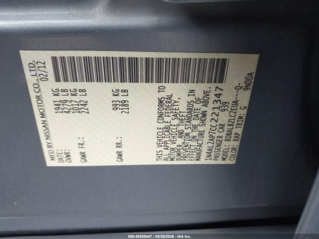 45205447 :رقم المزاد ، 1N4AL2AP7CC221347 vin ، 2012 Nissan Altima 2.5 S مزاد بيع