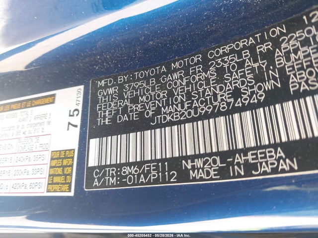 2009 Toyota Prius მანქანა იყიდება აუქციონზე, vin: JTDKB20U997874949, აუქციონის ნომერი: 45205452