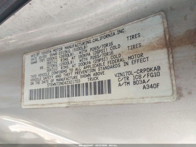2004 Toyota Tacoma Base V6 მანქანა იყიდება აუქციონზე, vin: 5TEWN72N04Z321703, აუქციონის ნომერი: 45205457