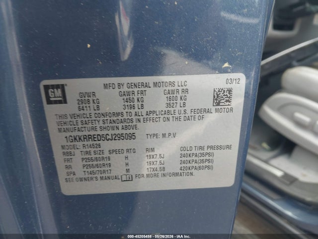 Продаж на аукціоні авто 2012 Gmc Acadia Slt-1, vin: 1GKKRRED5CJ295095, номер лоту: 45205458