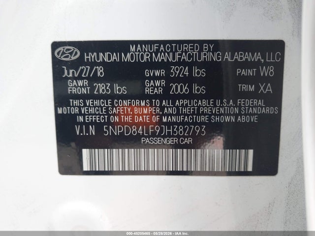 Продаж на аукціоні авто 2018 Hyundai Elantra Sel, vin: 5NPD84LF9JH382793, номер лоту: 45205465