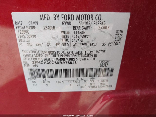 Продаж на аукціоні авто 2009 Ford Edge Limited, vin: 2FMDK39C69BA78848, номер лоту: 45205468