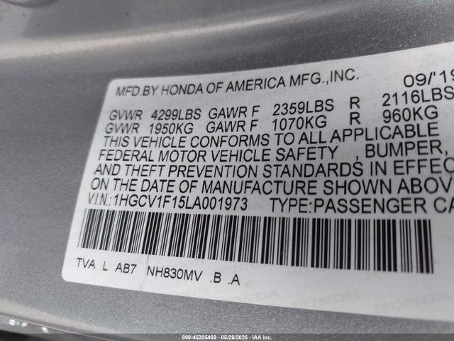 Aukcja sprzedaży 2020 Honda Accord Lx, vin: 1HGCV1F15LA001973, numer aukcji: 45205469