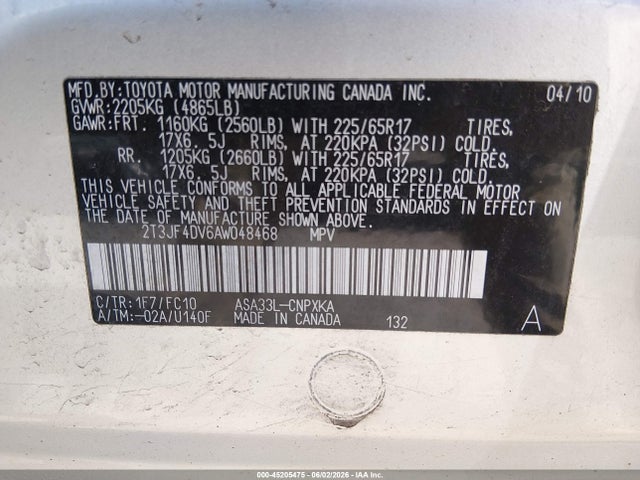 45205475 :رقم المزاد ، 2T3JF4DV6AW048468 vin ، 2010 Toyota Rav4 مزاد بيع