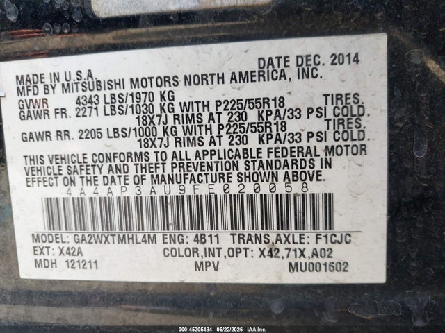 Aukcja sprzedaży 2015 Mitsubishi Outlander Sport Es, vin: 4A4AP3AU9FE020058, numer aukcji: 45205484