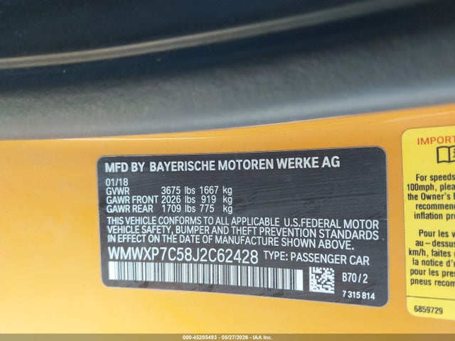 Aukcja sprzedaży 2018 Mini Hardtop Cooper S, vin: WMWXP7C58J2C62428, numer aukcji: 45205493