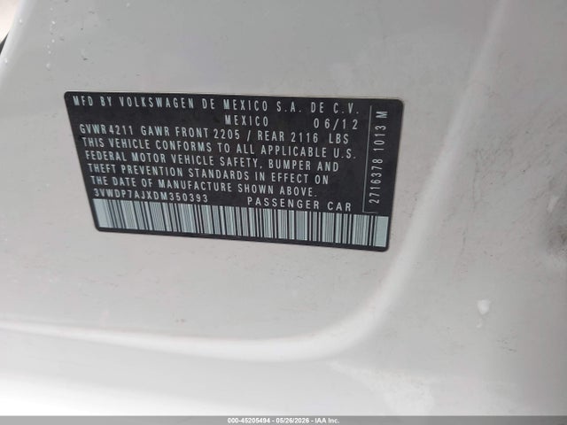 Aukcja sprzedaży 2013 Volkswagen Jetta 2.5l Se, vin: 3VWDP7AJXDM350393, numer aukcji: 45205494