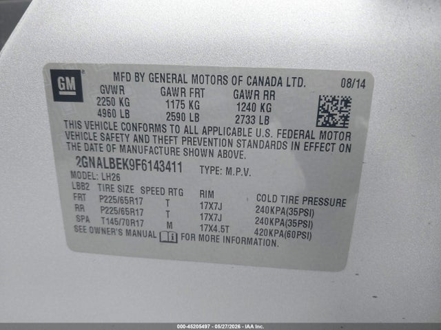 Продажа на аукционе авто 2015 Chevrolet Equinox 1lt, vin: 2GNALBEK9F6143411, номер лота: 45205497