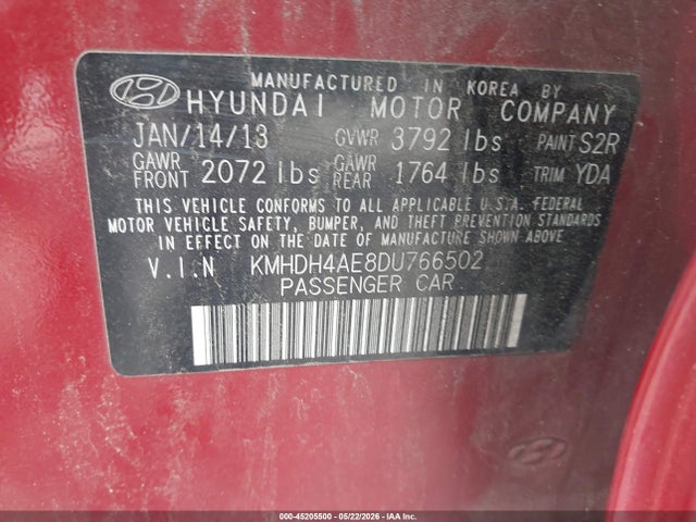 Aukcja sprzedaży 2013 Hyundai Elantra Gls, vin: KMHDH4AE8DU766502, numer aukcji: 45205500