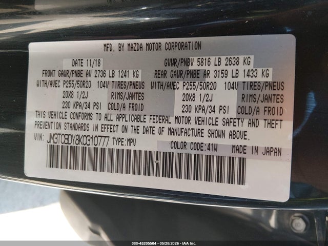 2019 Mazda Cx-9 Grand Touring მანქანა იყიდება აუქციონზე, vin: JM3TCBDY8K0310777, აუქციონის ნომერი: 45205504