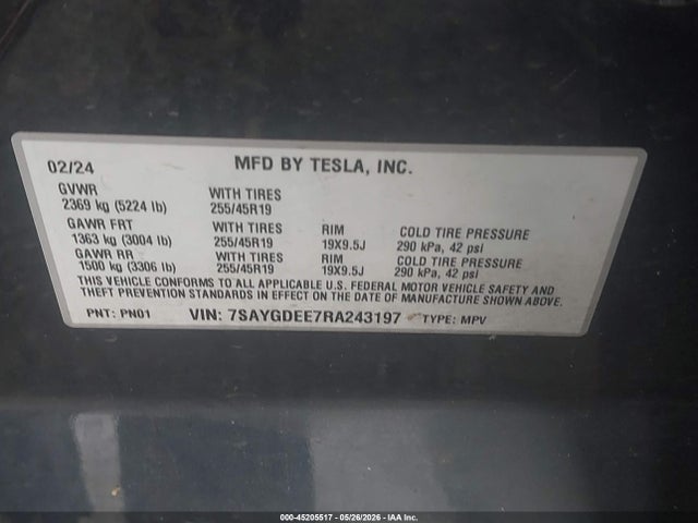 2024 Tesla Model Y Long Range Dual Motor All-wheel Drive მანქანა იყიდება აუქციონზე, vin: 7SAYGDEE7RA243197, აუქციონის ნომერი: 45205517