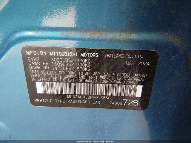 2024 Mitsubishi Mirage Es/le მანქანა იყიდება აუქციონზე, vin: ML32AUHJ8RH015860, აუქციონის ნომერი: 45205519