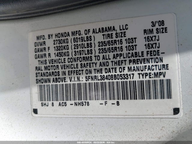 Aukcja sprzedaży 2008 Honda Odyssey Ex, vin: 5FNRL38408B053317, numer aukcji: 45205524
