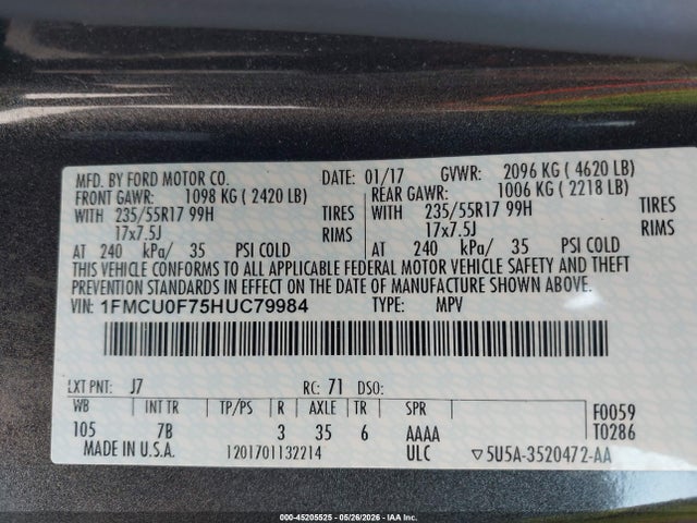 2017 Ford Escape S მანქანა იყიდება აუქციონზე, vin: 1FMCU0F75HUC79984, აუქციონის ნომერი: 45205525