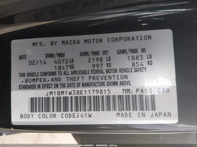 2014 Mazda Mazda3 S Grand Touring მანქანა იყიდება აუქციონზე, vin: JM1BM1W38E1179815, აუქციონის ნომერი: 45205527