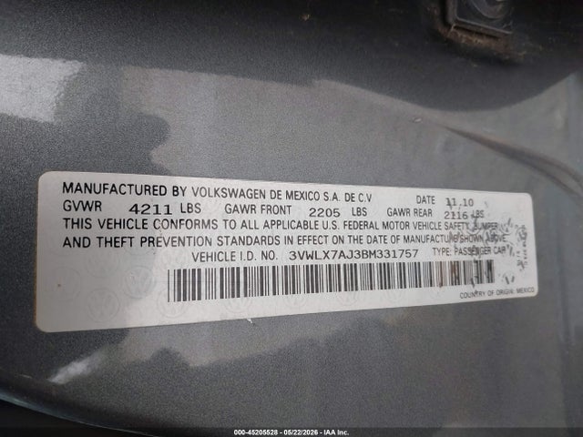 Auction sale of the 2011 Volkswagen Jetta 2.5l Sel, vin: 3VWLX7AJ3BM331757, lot number: 45205528