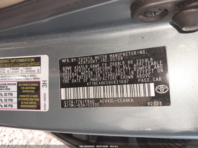 2009 Toyota Camry Le მანქანა იყიდება აუქციონზე, vin: 4T1BE46K59U831697, აუქციონის ნომერი: 45205530
