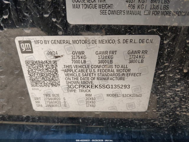 2025 Chevrolet Silverado 1500 4wd  Short Bed Lt With 2fl მანქანა იყიდება აუქციონზე, vin: 3GCPKKEK5SG135293, აუქციონის ნომერი: 45205531