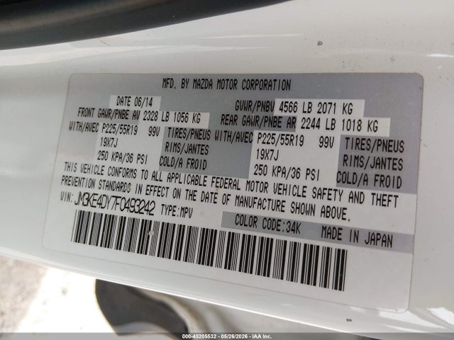 2015 Mazda Cx-5 Grand Touring მანქანა იყიდება აუქციონზე, vin: JM3KE4DY7F0493242, აუქციონის ნომერი: 45205532