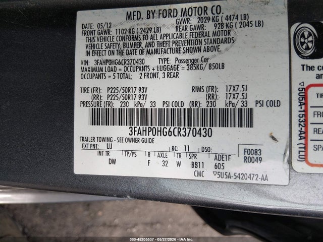 Продаж на аукціоні авто 2012 Ford Fusion Se, vin: 3FAHP0HG6CR370430, номер лоту: 45205537