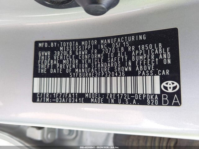 45205541 :رقم المزاد ، 5YFBURHE2FP320436 vin ، 2015 Toyota Corolla L مزاد بيع