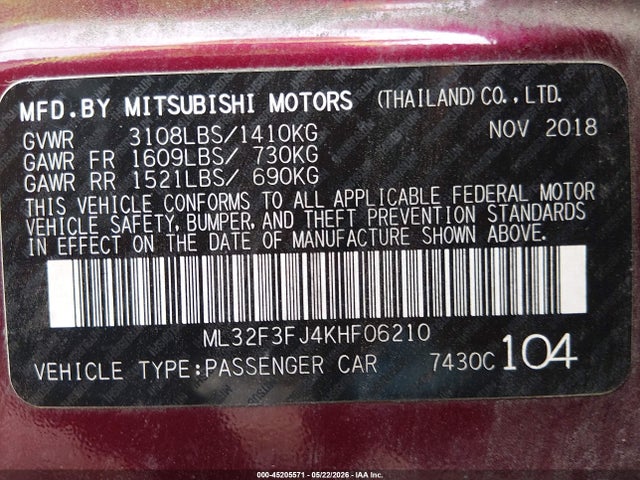45205571 :رقم المزاد ، ML32F3FJ4KHF06210 vin ، 2019 Mitsubishi Mirage G4 Es مزاد بيع