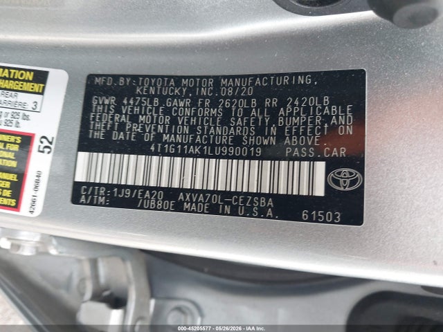 4T1G11AK1LU990019 Toyota CAMRY SE