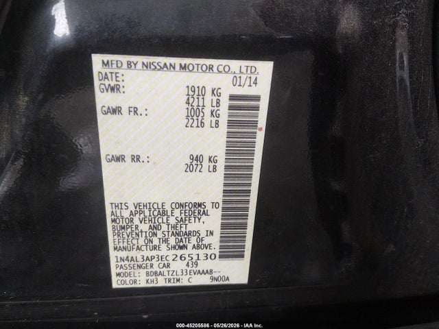 45205586 :رقم المزاد ، 1N4AL3AP3EC265130 vin ، 2014 Nissan Altima 2.5 Sv مزاد بيع