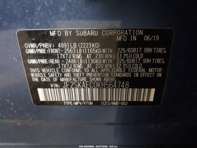 2019 Subaru Forester Premium მანქანა იყიდება აუქციონზე, vin: JF2SKAEC0KH564748, აუქციონის ნომერი: 45205599