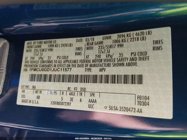 45205604 :رقم المزاد ، 1FMCU0GD1JUC11577 vin ، 2018 Ford Escape Se مزاد بيع