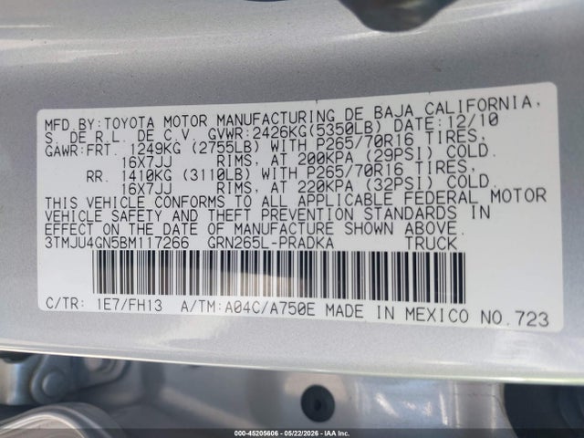 2011 Toyota Tacoma Prerunner V6 მანქანა იყიდება აუქციონზე, vin: 3TMJU4GN5BM117266, აუქციონის ნომერი: 45205606