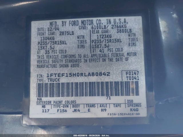 Aukcja sprzedaży 1994 Ford F150, vin: 1FTEF15H0RLA80842, numer aukcji: 45205616