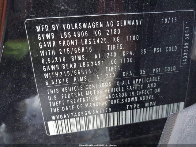 WVGAV7AX9GW551279 Volkswagen TIGUAN S