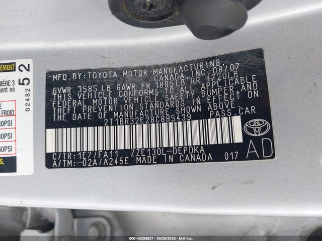 Aukcja sprzedaży 2008 Toyota Corolla Ce, vin: 2T1BR32E28C885439, numer aukcji: 45205627