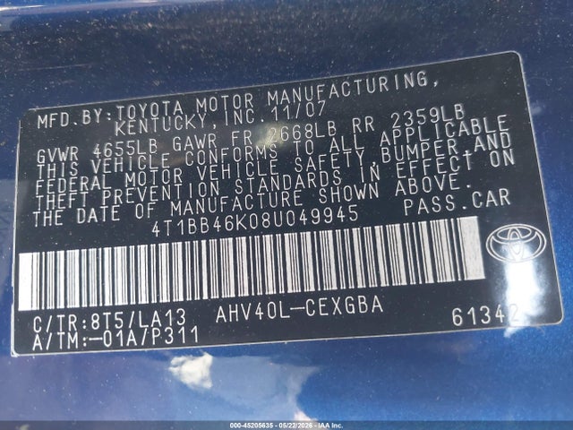 Продаж на аукціоні авто 2008 Toyota Camry Hybrid, vin: 4T1BB46K08U049945, номер лоту: 45205635