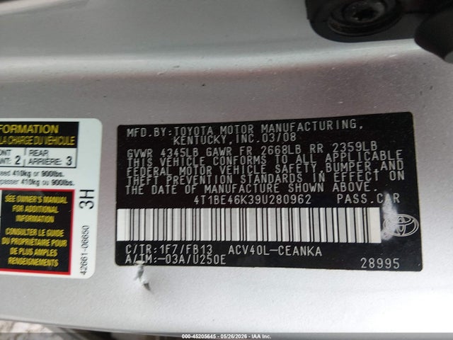 Auction sale of the 2009 Toyota Camry Le, vin: 4T1BE46K39U280962, lot number: 45205645