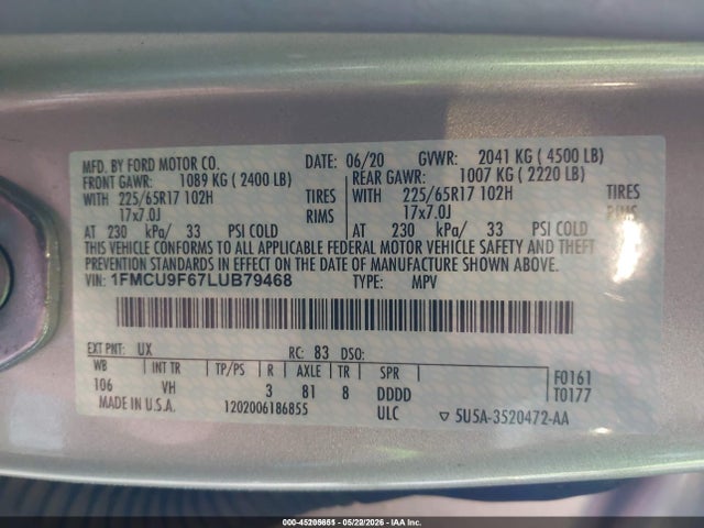 Aukcja sprzedaży 2020 Ford Escape S, vin: 1FMCU9F67LUB79468, numer aukcji: 45205651