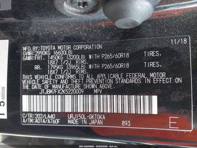 Auction sale of the 2019 Lexus Gx 460 Premium, vin: JTJBM7FX2K5220009, lot number: 45205669